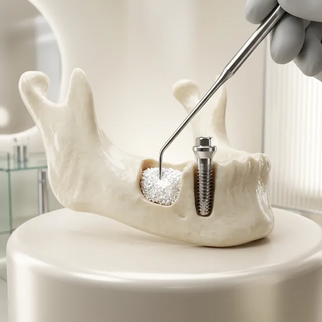 Ilustração 3D em alta resolução de um procedimento de Enxerto Ósseo Dentário, com preenchimento de biomaterial