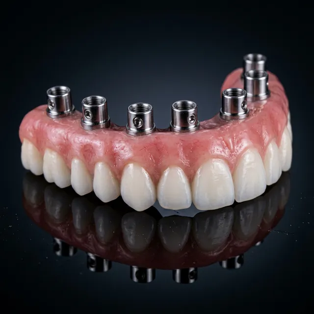 Prótese Protocolo dentária sobre implantes com gengiva artificial de alta estética e fundo escuro